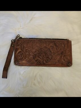 Patricia Nash Brown Embossed Floral Leather Wristlet